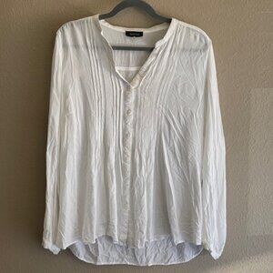 Spense White Vintage-Inspired Pintuck Collarless Button-Up Blouse XL